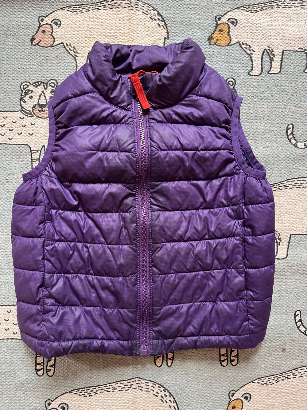 Primary Purple Quilted Puffer Vest with Red Zip Pull